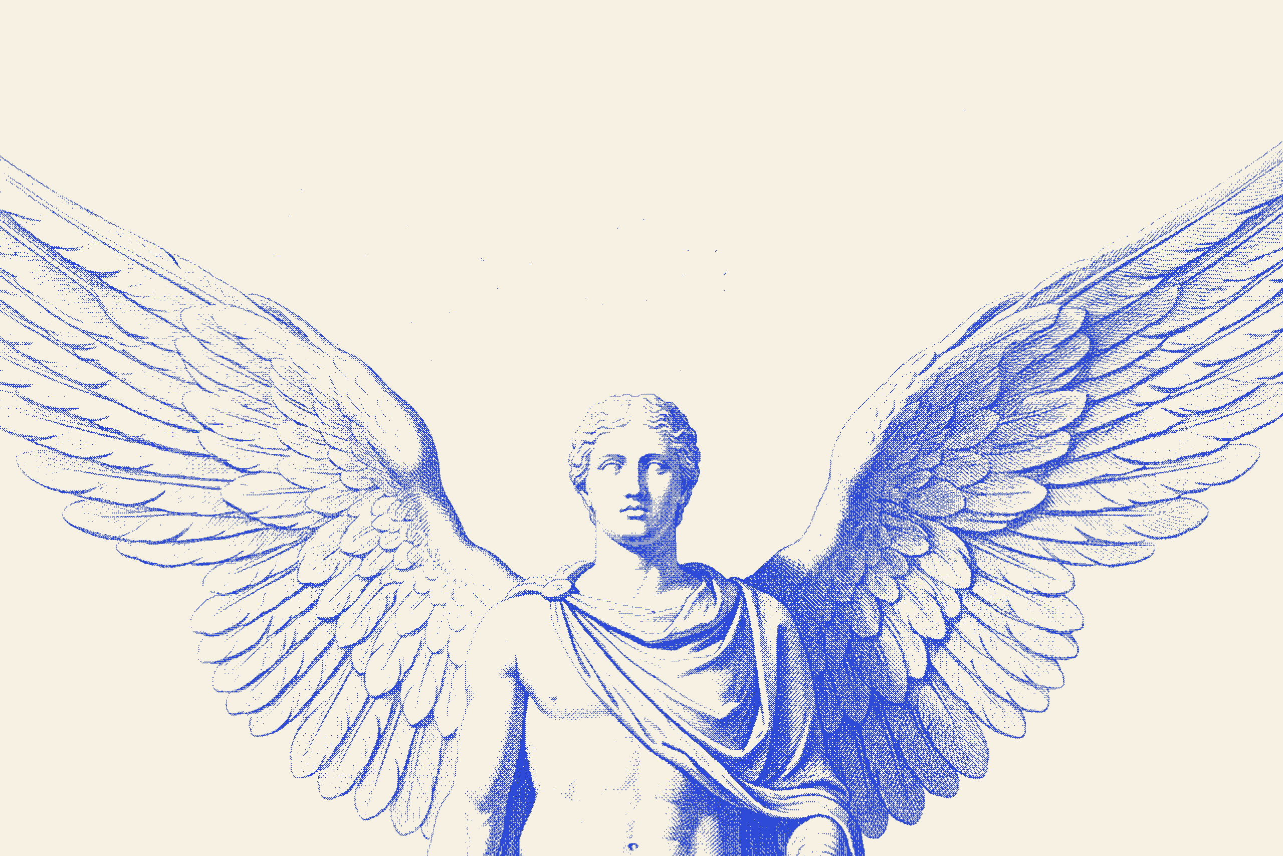 An engraving of a winged classical statue, wings spread wide