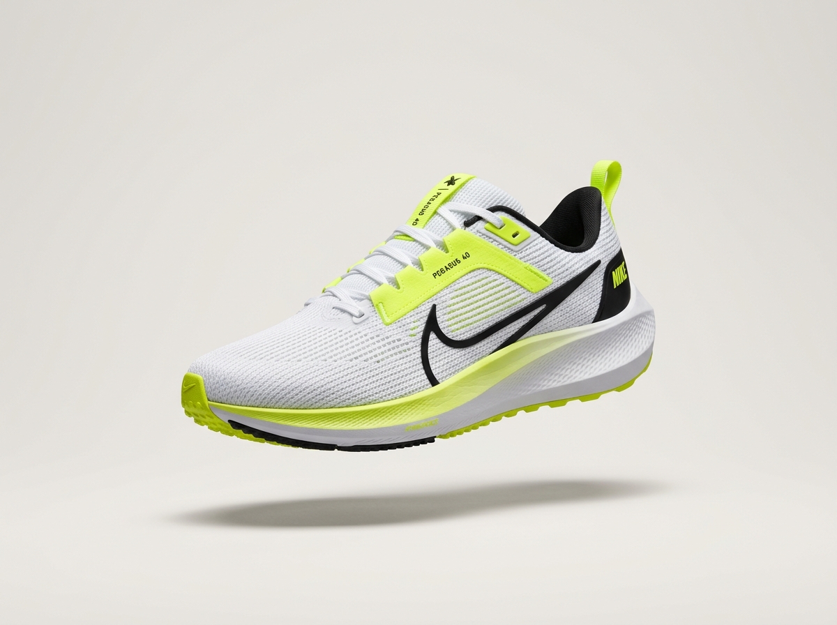 A Nike Pegasus 41 running shoe in white and volt, shot from the side.