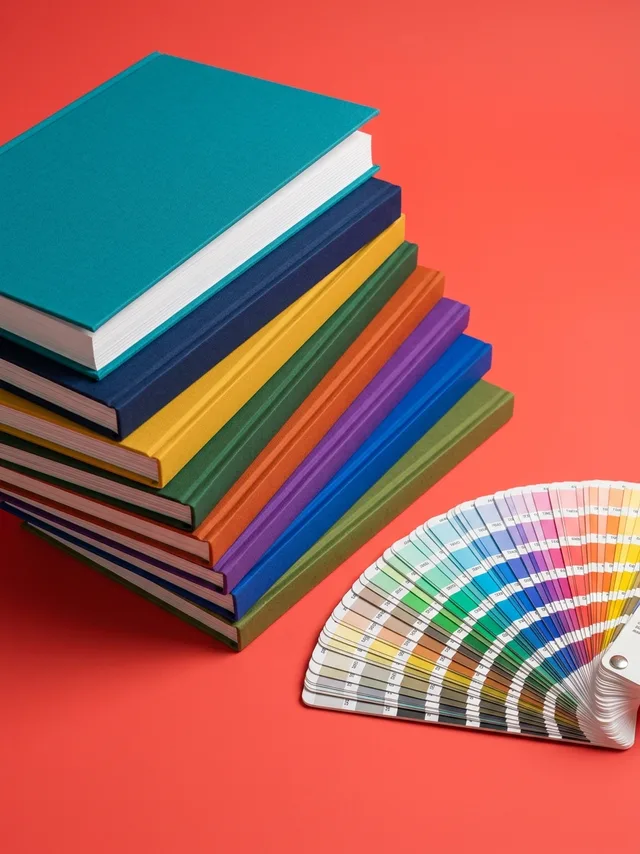 A stack of brand guideline books and a colour swatch fan on a coral studio background