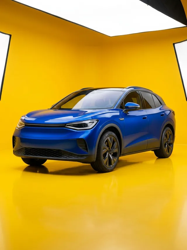 A cobalt blue electric SUV in a yellow studio