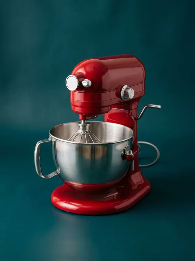 A cherry red stand mixer on a deep teal studio background
