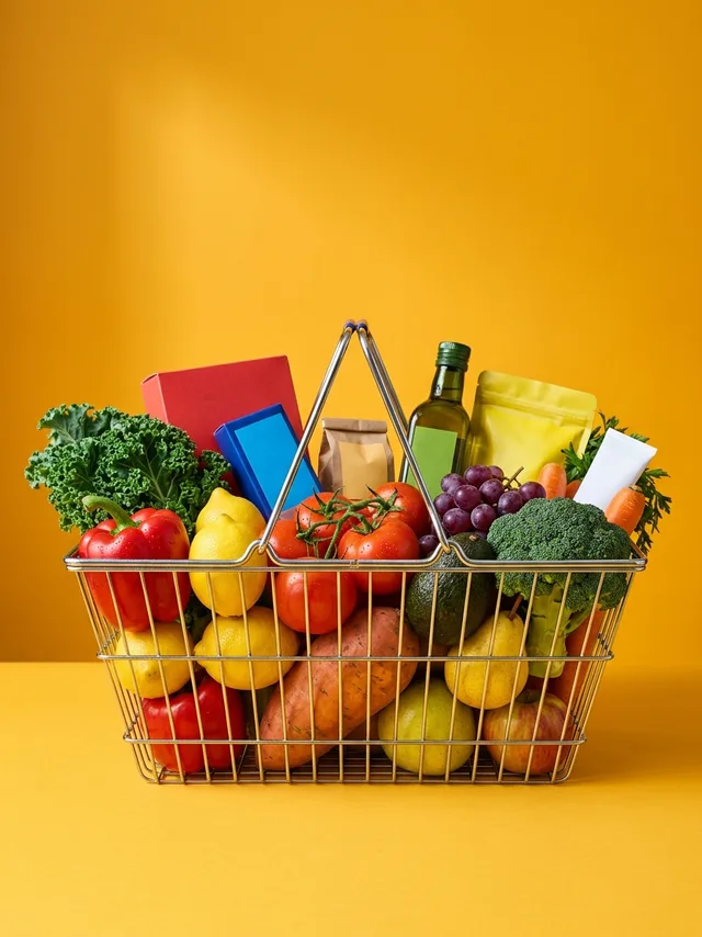 A wire shopping basket full of fresh groceries on an amber studio background