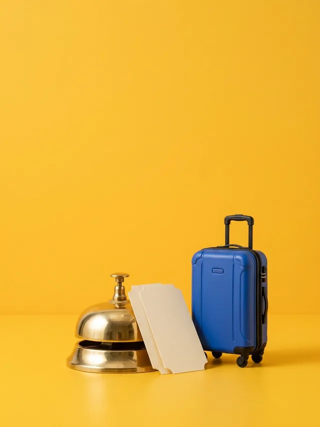 A brass reception bell, two paper tickets and a cobalt blue cabin suitcase in a yellow studio