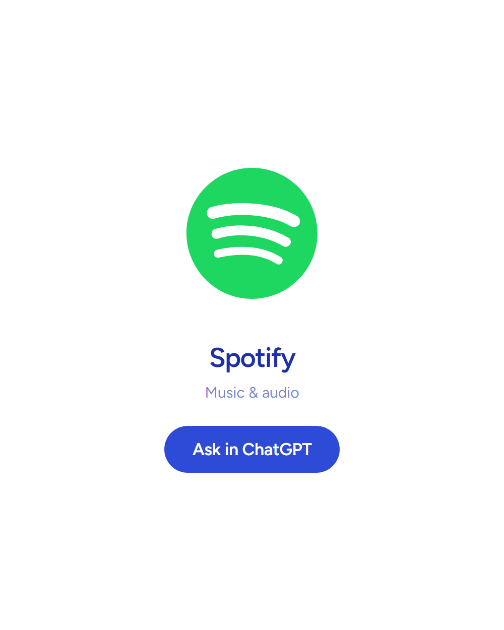 Spotify: Music & audio. Answering inside ChatGPT. See the board row.